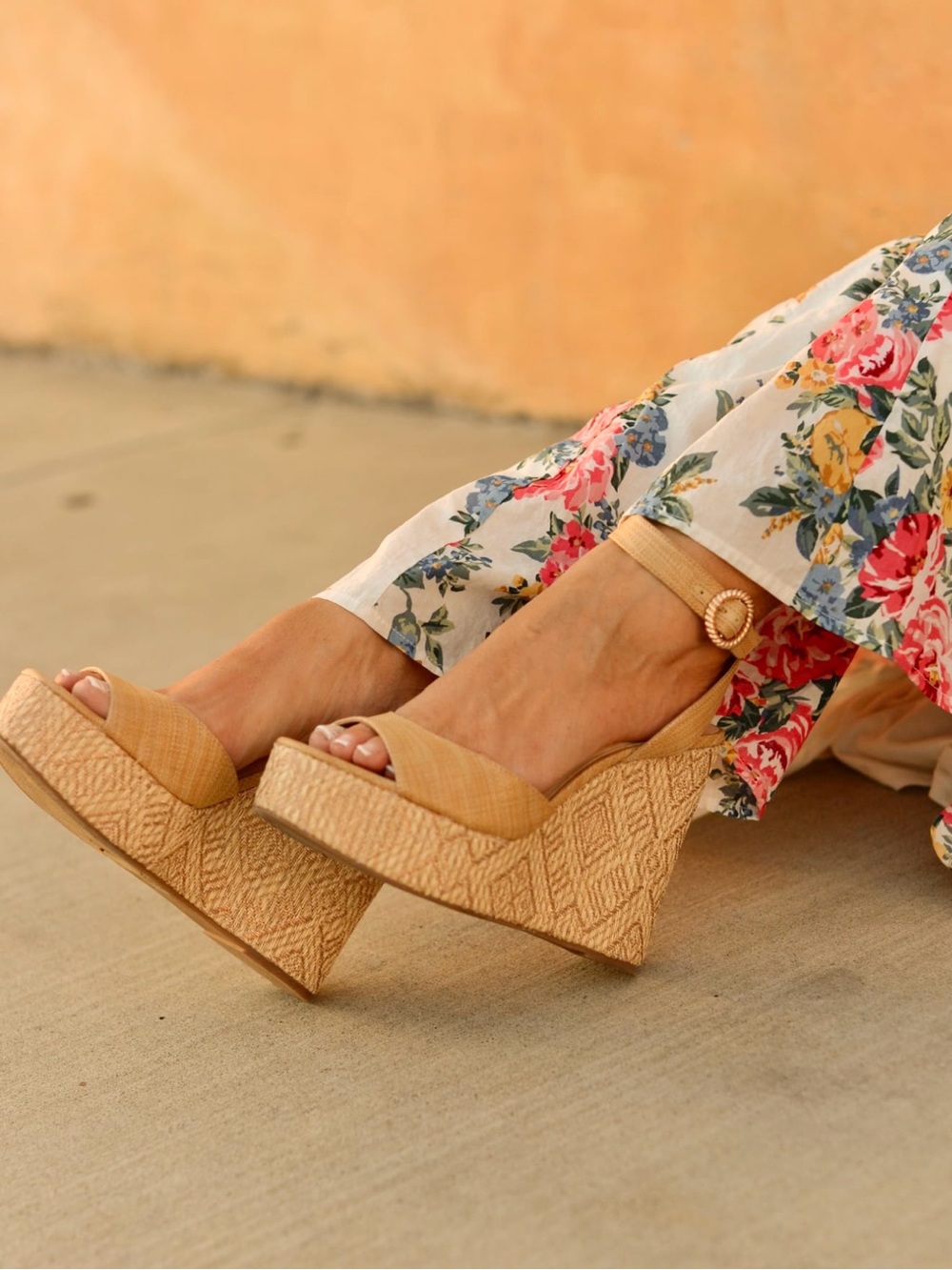 Jessica Simpson Beige Wedge Sandals with Gold Buckle